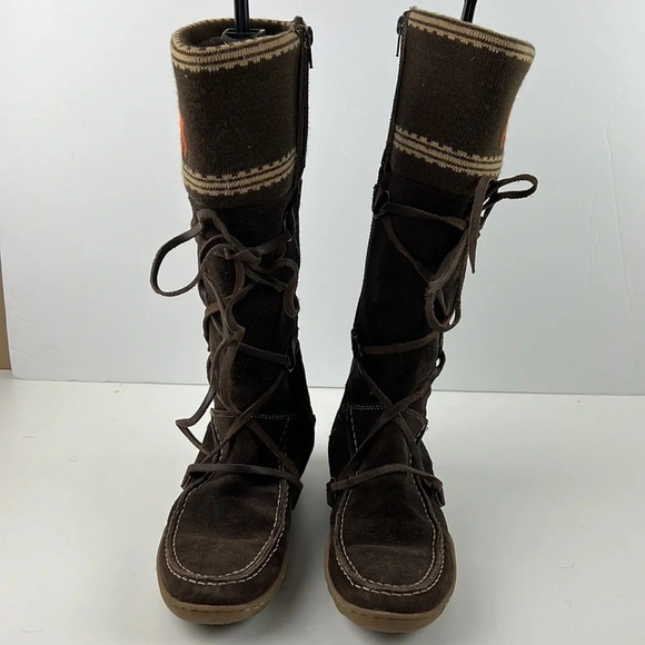 Brown Suede Mukluks Tall Fleece Lined Winter Boots Leather Ties - Picture 2 of 10